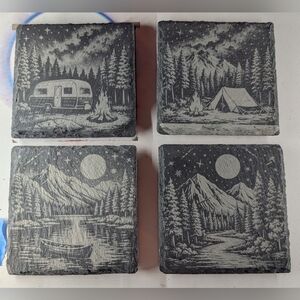 Set of 2 Nature Engraved Stone Coasters - Gray Moonlit Camp Scenes